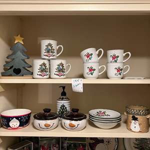 HB- Lot #155 - Vintage Stoneware Holiday Lot - Christmas Mugs, Bowls, and Decor