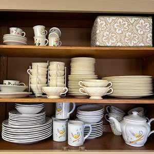 K- Lot #151 - Collection of mixed dinnerware including Longchamp, Wellesley Wedgewood, Portmeirion Botanic Gardens