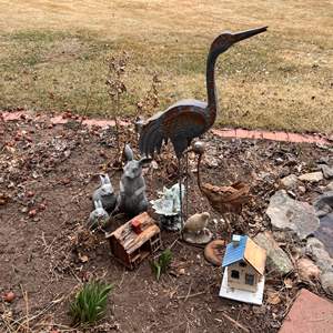 P- Lot #168 - Garden Decor Lot - Metal Crane, Rabbits, Birdhouse, and More