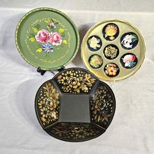 Lot #526 - Vintage Hand Painted Toleware Lot - Three 11" Pieces Including Wyoming Flower Tin Vintage Decorative Plate & Bowl Lot - Hand-Painted Designs.