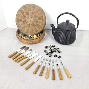 Lot #538 -  Vintage Asian Style Wicker Basket Filled with Buttons - Plus Heavy Iron Tea Pot and Japanese Appetizer Knives & Fork