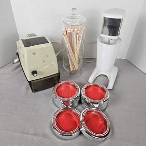 Lot #539 - Retro 1970s Dairy Bar Lot!  Oster Ice Crusher, Iona Dairy Bar Drink Mixer, Chrome Coasters & Atomic Straw Holder