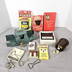 Lot #540 - Retro Bar and Gambling Items: Metal Canasta Card Shuffler and More!