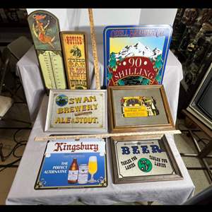 Lot #502 -  Lot of Vintage Bar Signs and Mirrors - Includes Miller Thermometer.