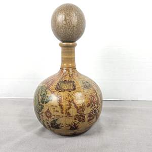 Lot #535 -  Vintage Italian Wine Decanter Leather Wrapped Glass Bottle Old World Map 10 inch