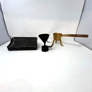 Lot #560 -  Vintage Lot - Black and Gold Funnel, Metal Tray, and Measuring Cup.