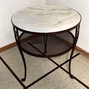 Lot #631 -  Marble Top Round Coffee Table with Black Metal Base - Elegant Design - 24" Diam 26" Tall