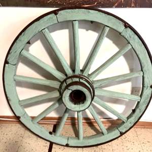 Lot #633 -  Antique Wooden 40" Wagon Wheel - Distressed Mint Green Finish - Country Farmhouse Decor