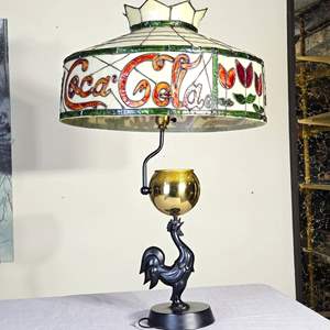 Lot #525(A) -  Antique Coca-Cola Plastic Tiffany Style Lamp - Rooster Base - 30" Tall x 19" Diameter