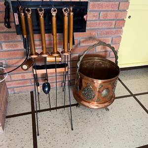 Lot #564 -  Vintage Fireplace Tool Set & Copper Coal Bucket.