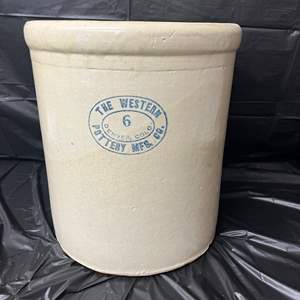 Lot #569 -  Antique Western Pottery Mfg. Co. 6 Gallon Stoneware Crock - Made in Denver, CO