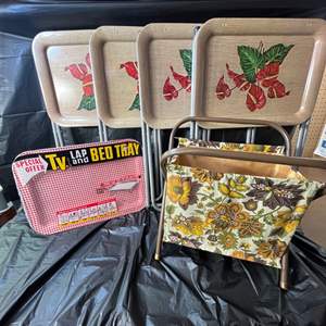 Lot #618 -  Vintage Home Goods Lot - MCM Metal Folding TV Trays & Floral Laundry Basket -Retro Fun!