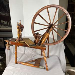 Lot #626 -  Vintage Working Spinning Wheel & Wood Carders - Antique Crafting Tools