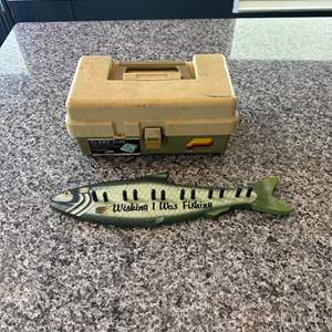 Lot #134 Tackle Box & Wood "Wishing I Was Fishing" Sign