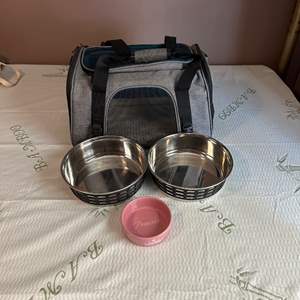 Lot #159 Pet Carrier & Bowls