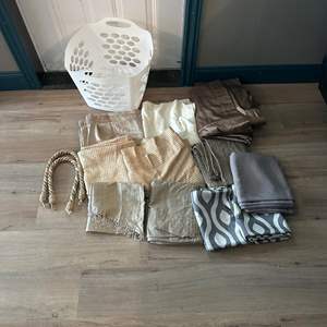 Lot #265 Variety of Curtains & Laundry Basket