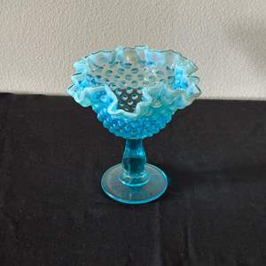 Lot #35 Blue Glass Ruffled Edge Pedestal Candy Dish