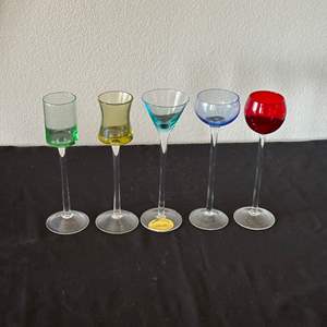 Lot #42 (5) Long Stemmed Blown Crystal Colored Liqueur Glasses