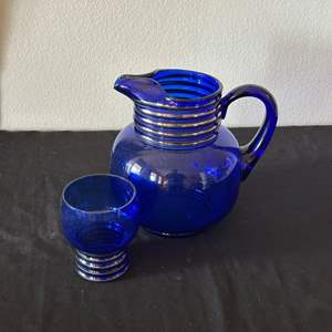 Lot #43 Vintage Art Deco Cobalt Bule Glass Pitcher and Glass, 1930s