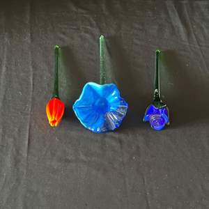 Lot #51 (3) Colorful Blown Art Glass Flowers