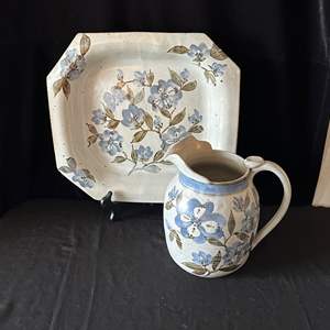 Lot #59 Pretty Floral Signed Pottery Plate & Small Pitcher Set