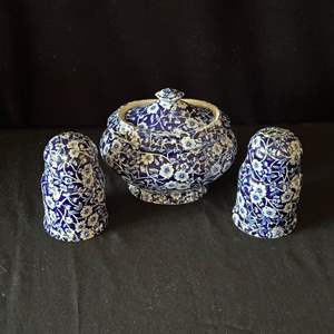 Lot #62 Royal Crownford Calico Blue Covered Sugar Bowl & Salt / Pepper Shakers Set - England