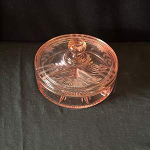 Lot #70 Pink Glass Divided (3 Section) Covered Dish