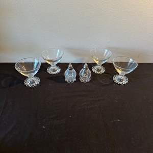 Lot #248 Glass Salt & Pepper Shakers & 4 Dessert Cups