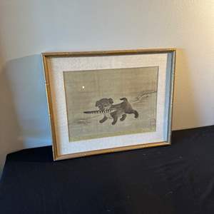 Lot #265 Puppy Playing w/ Pheasant Feather Framed Art