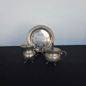 Lot #395 EP Copper Covered Sugar Bowl, Creamer Pitcher & Season's Greetings Plate