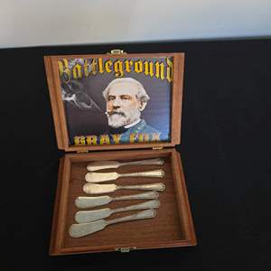 Lot #399 Battleground Cigars Box w/ (6) Pure Silver Plated Butter Knives