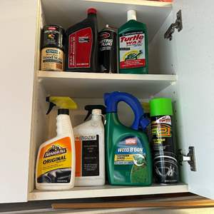 Lot #425 Contents of Cabinet - Wood Stain, Turtle Wax, ArmorAll & More