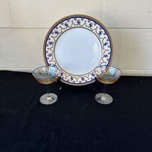 Lot #604 Royal Fernwood Porcelain Elegant Serving Plate & 2 Stemmed Wine Glasses