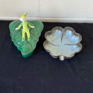 Lot #660 Ceramic Four Leaf Clover & Green Leaf Shaped Candy Dishes