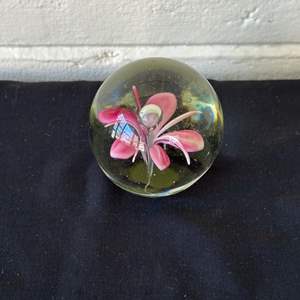 Lot #702 Blown Art Glass Paperweight w/ Pink Flower