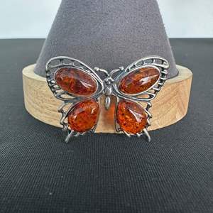 Lot #775 Sterling Silver & Amber Butterfly Brooch