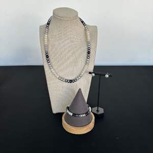 Lot #791 Stylish Beaded Jewelry Set w/ Sterling Clasp - Necklace, Bracelet & Earrings