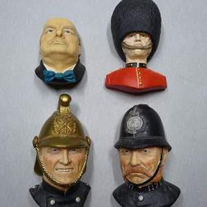 Lot #75 Lot of 4 Bossons Chalkware Heads As Shown To Include Sir Winston Churchill, Victorian Bobby, Victorian Fireman, and More