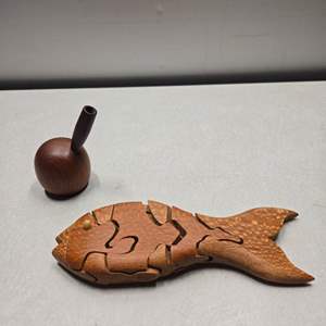 Lot #296 Mixed Lot SIGNED Wooden Fish Puzzle Plus Wooden Pen Holder As Shown