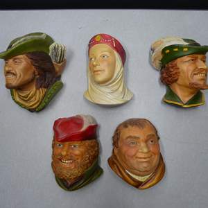 Lot #141 Mixed Lot 5 Bossons and Legend Products Chalkware Heads As Shown-Robinhood, Maid Marian, Little John and Friar Tuck