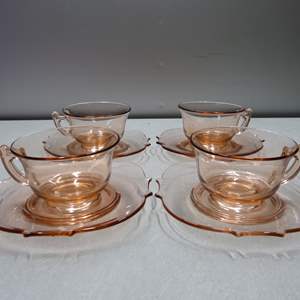 Lot #146 Set of 4 Vintage Pink Depression Glass Cups and Saucers As Shown