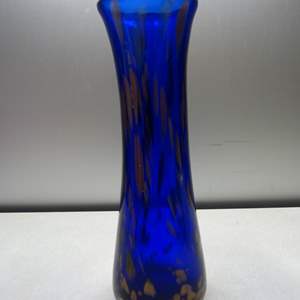 Lot #169 Beautiful Tall Art Glass Vase Cobalt Blue and Gold 