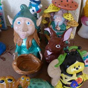 Lot #386  Collection of (ceramic NOT concrete) yard art hand painted 