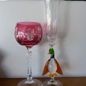 Lot #23 Mixed Lot Fantastic Murano Glass Duck Flute Plus Cranberry Cut to Clear Wine Glass As Shown