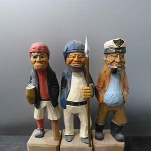 Lot #166 Lot of 3 Vintage Carved Fisherman Figurines 