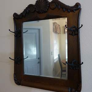 Lot #216 Antique Wall Mirror Hat Rack See Description