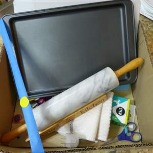 Lot #227 Mixed Box Kitchenware As Shown To Include Marble Rolling Pin