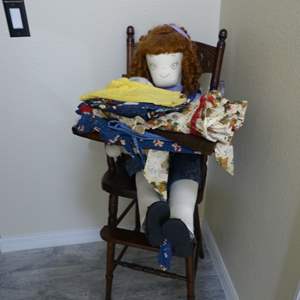 Lot #232 Vintage Wood High Chair With Doll and Extra Clothing As Shown