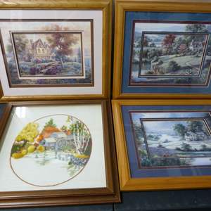 Lot #253 Mixed Lot 3 Framed Art Prints Plus 1 Framed Needlepoint Art As Shown