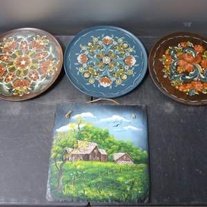 Lot #256 Lot of 3 Rosemaling Wood Hand painted Plates Plus Extra As Shown